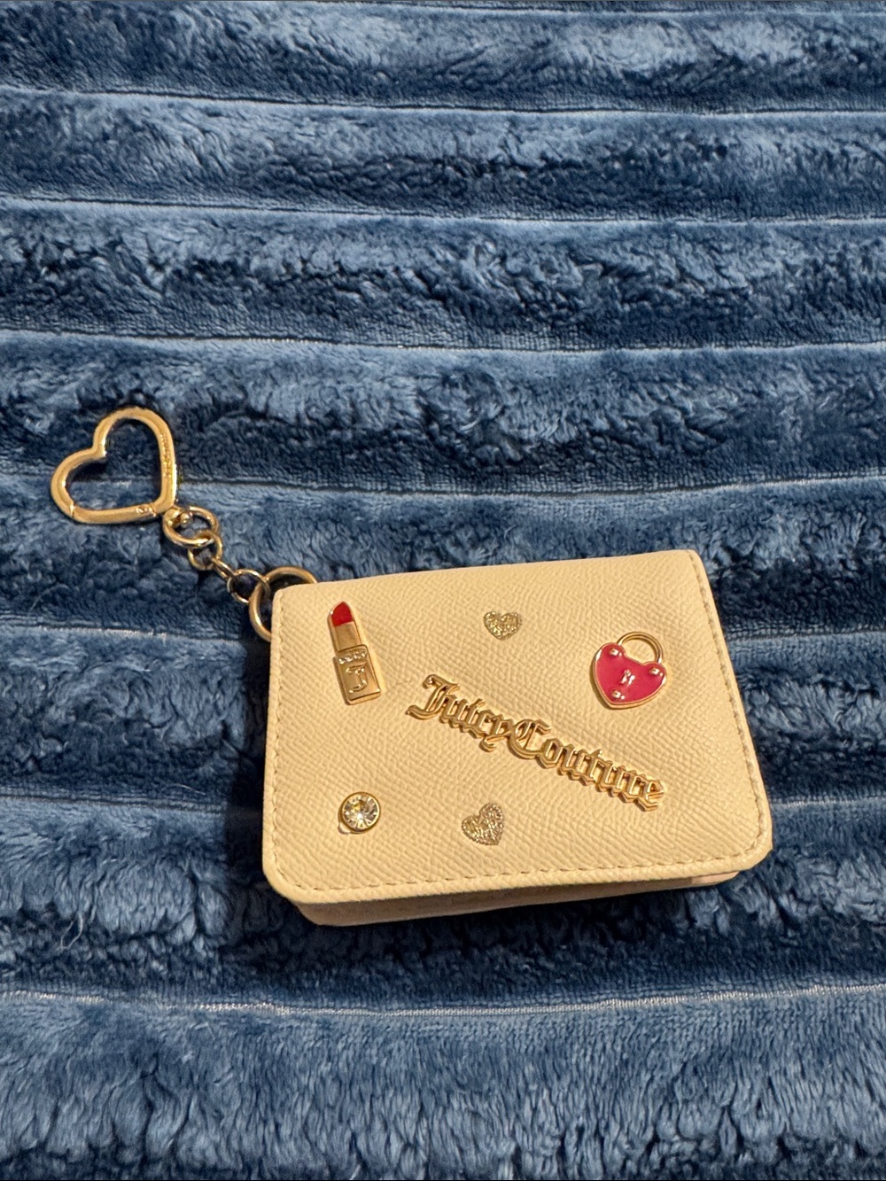 Juicy Couture Cream Mini Wallet Keychain with Gold Hardware